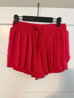 Red Women's Drawstring Ruffle Shorts